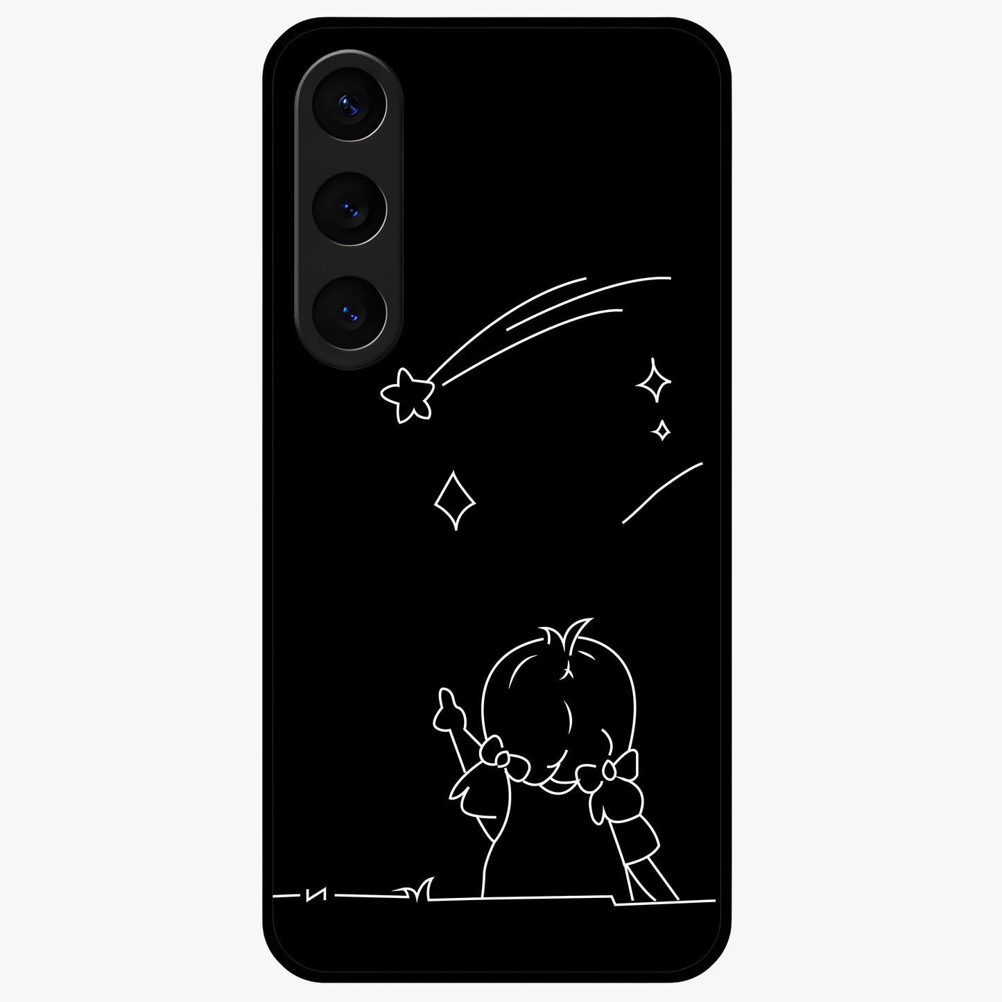 Line Art Girl With Shooting Stars Glass Case showing flat back view with minimal line art girl and shooting stars illustration and glossy glass finish.