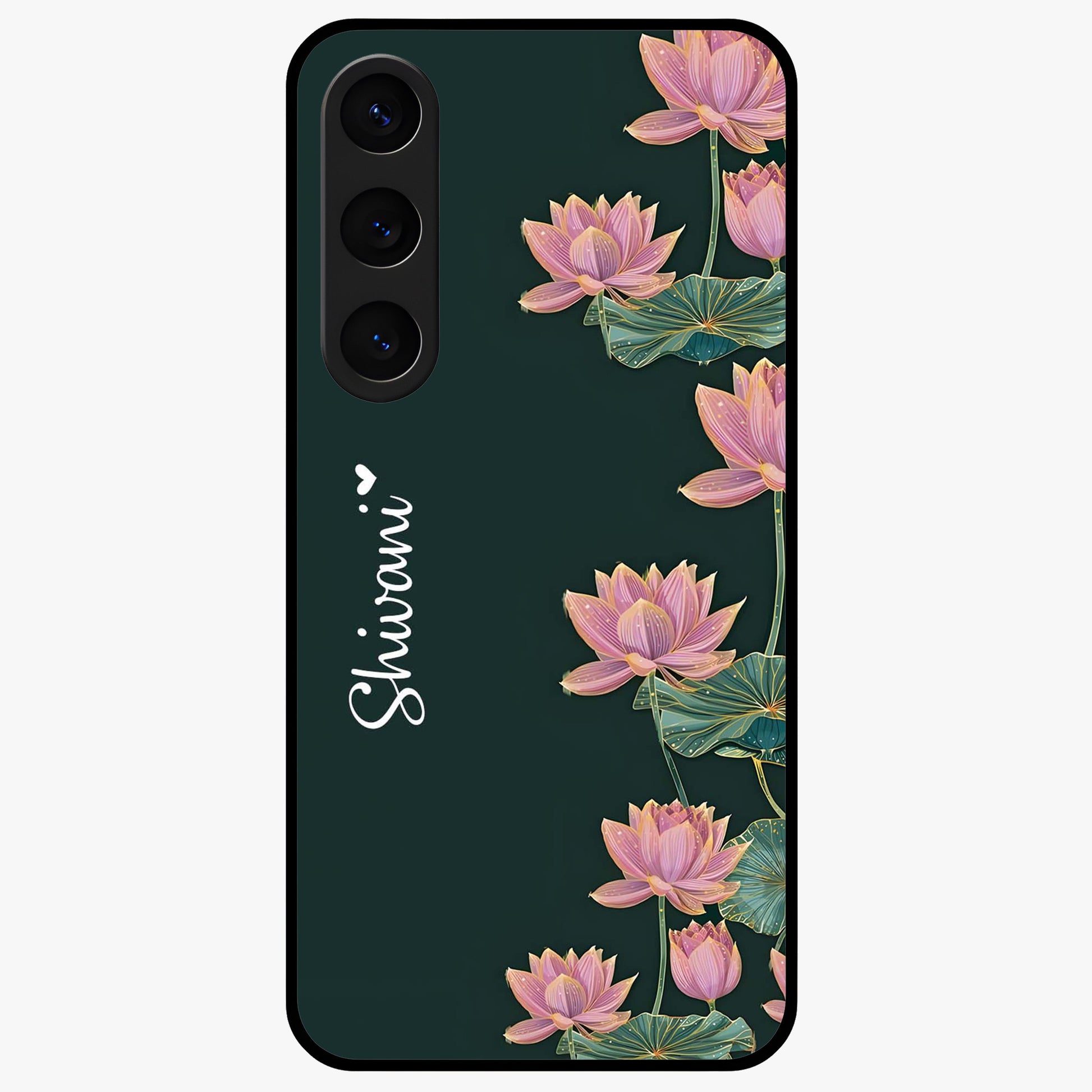 Lotus Bloom Serenity Custom Name Glass Case showing flat back view with elegant lotus flower artwork and personalized name design.