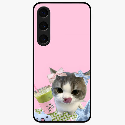 Love Matcha Cat Glass Case showing flat back view with cute cat and matcha themed artwork and glossy glass finish.