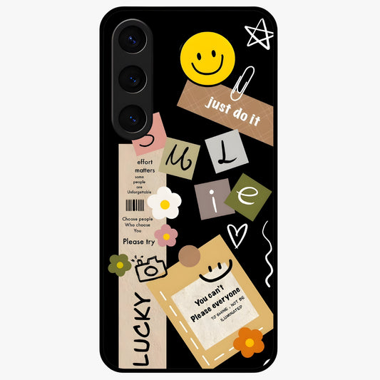Lucky Aesthetic Collage Glass Case showing flat back view with trendy aesthetic collage artwork and glossy glass finish.