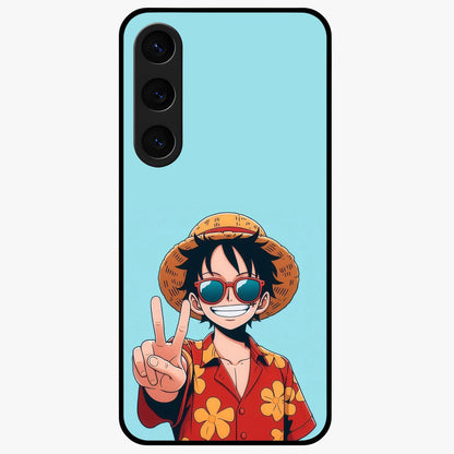Luffy Summer Anime Vibe Glass Case showing flat back view with vibrant anime character artwork and glossy glass finish.
