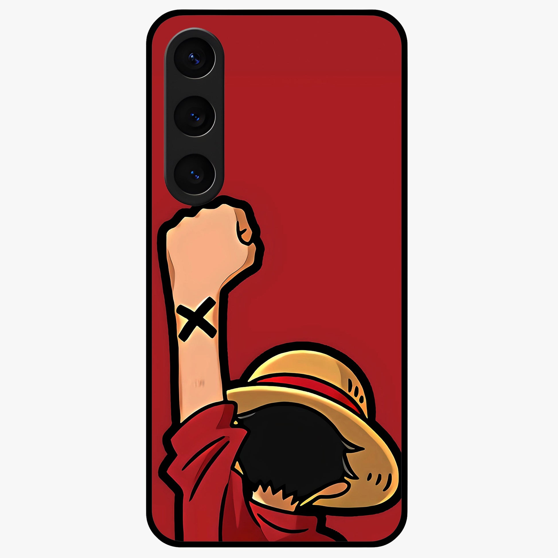 Luffy X Spirit Glass Case showing flat back view with bold anime character artwork and glossy glass finish.