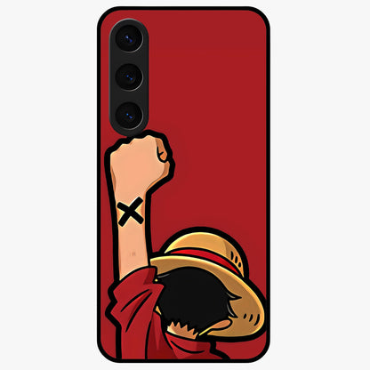 Luffy X Spirit Glass Case showing flat back view with bold anime character artwork and glossy glass finish.