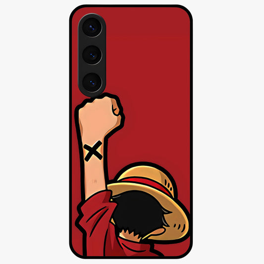 Luffy X Spirit Glass Case showing flat back view with bold anime character artwork and glossy glass finish.