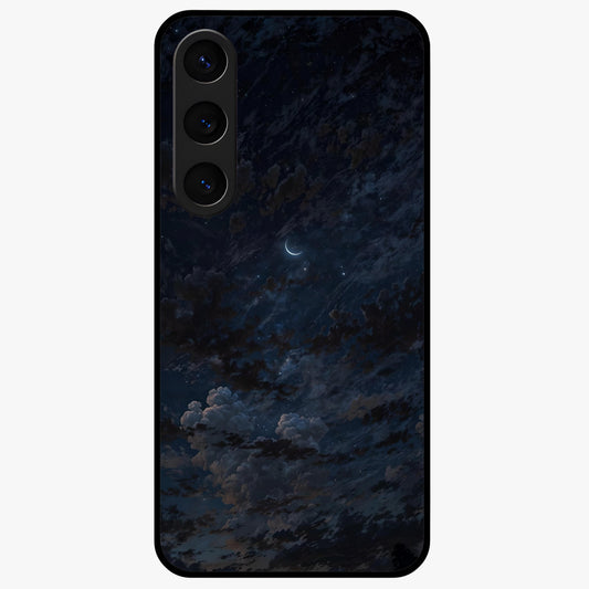 Lunar Veil Silence Glass Case showing flat back view with mystical moon veil artwork and glossy glass finish.