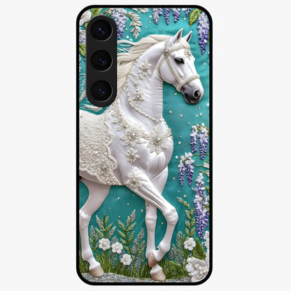 Majestic Floral Stallion Glass Case showing flat back view with powerful horse and floral artwork and glossy glass finish.
