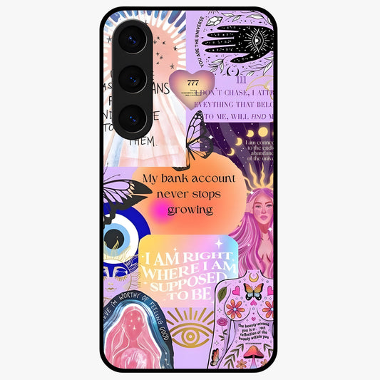 Manifestation Collage Glass Case showing flat back view with motivational collage artwork and glossy glass finish.