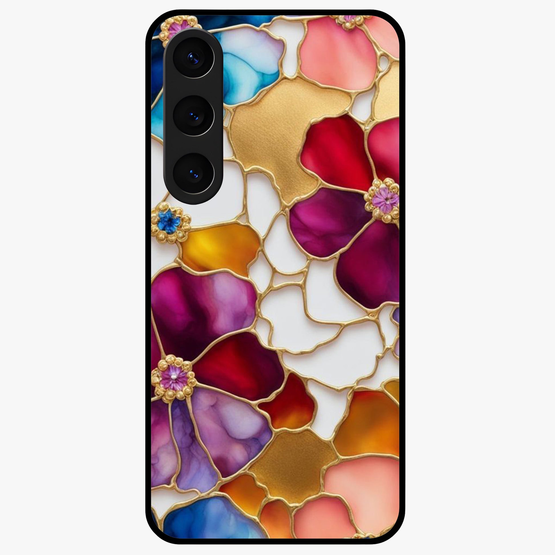 Marble Flower Pattern Glass Case showing flat back view with marble texture floral artwork and glossy glass finish.