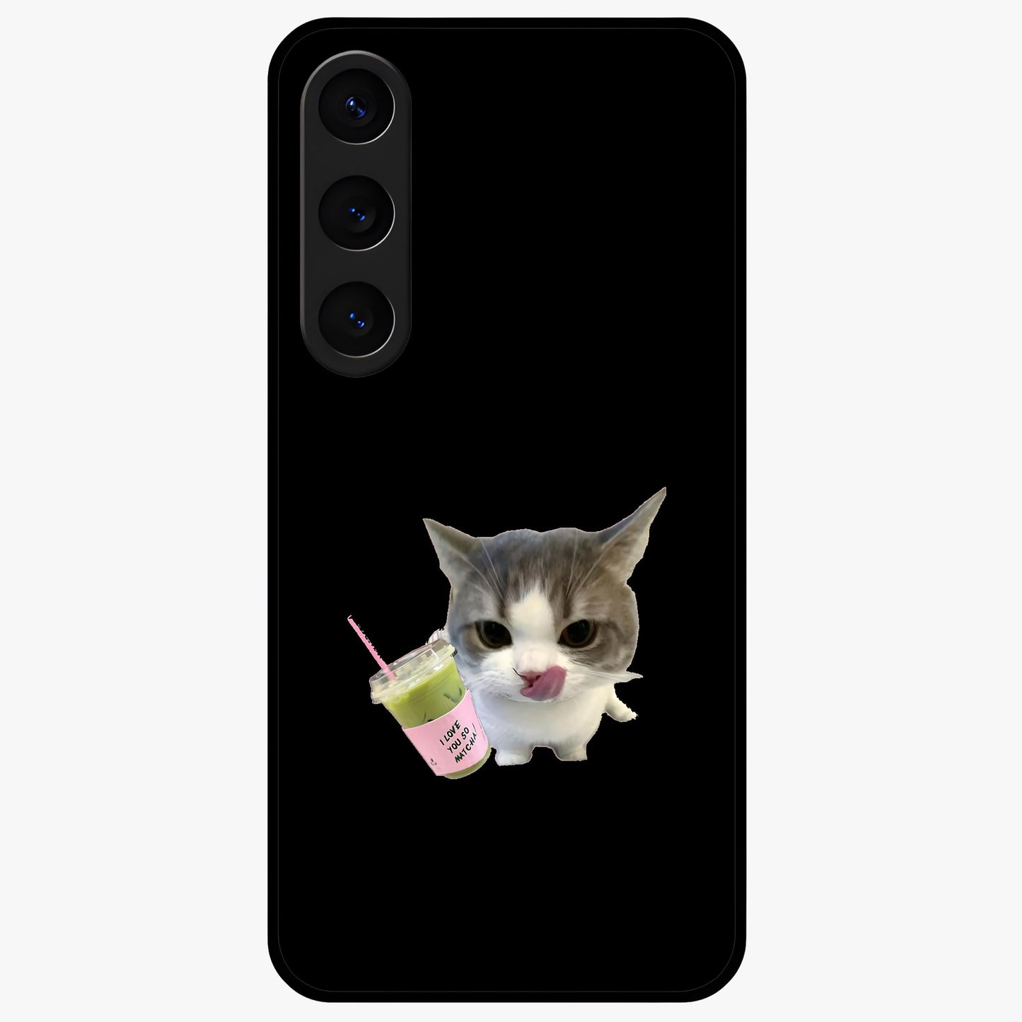 Matcha Cat Style Glass Case showing flat back view with cute matcha themed cat artwork and glossy glass finish.