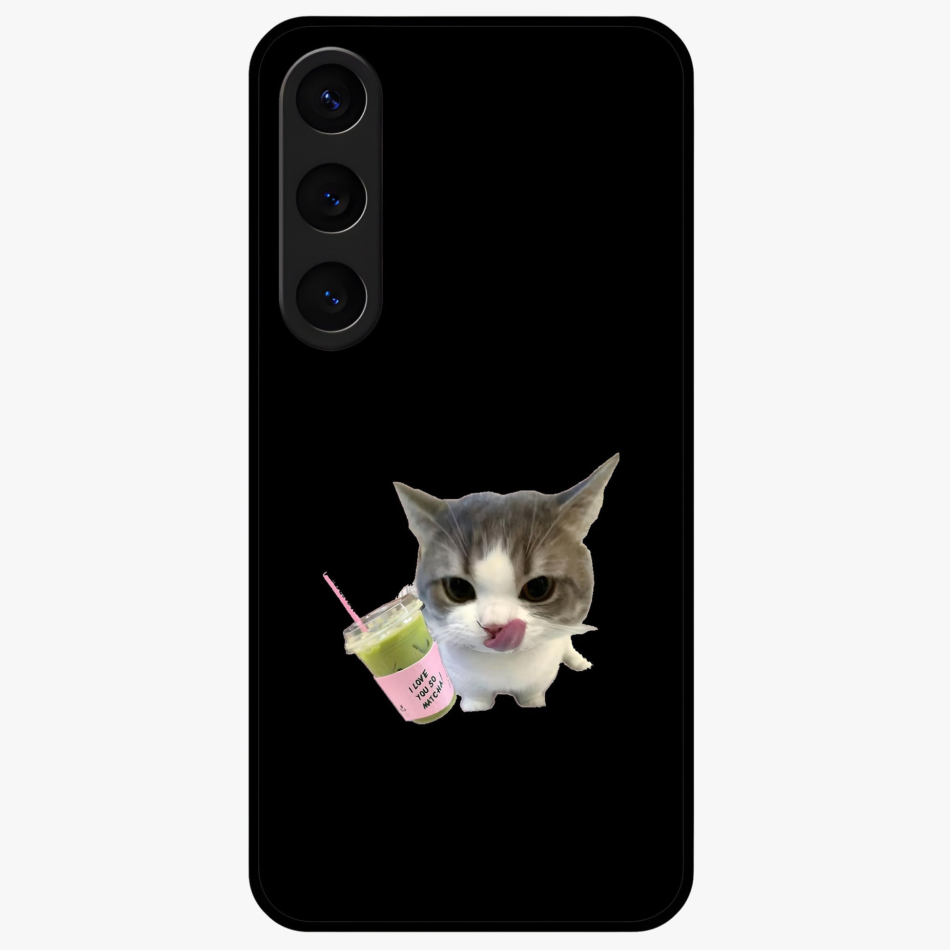Matcha Cat Style Glass Case showing flat back view with cute matcha themed cat artwork and glossy glass finish.