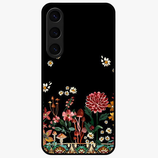 Midnight Bloom Pattern Glass Case showing flat back view with dark floral pattern artwork and glossy glass finish.