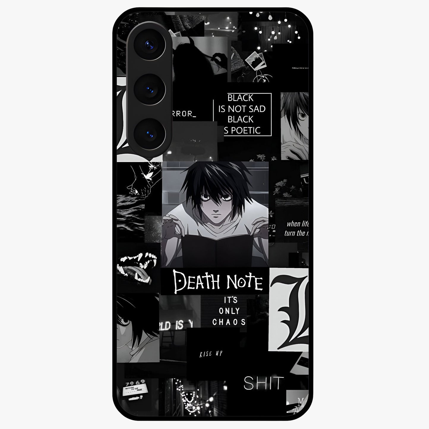 Midnight Chaos Mind Glass Case showing flat back view with abstract dark themed artwork and glossy glass finish.
