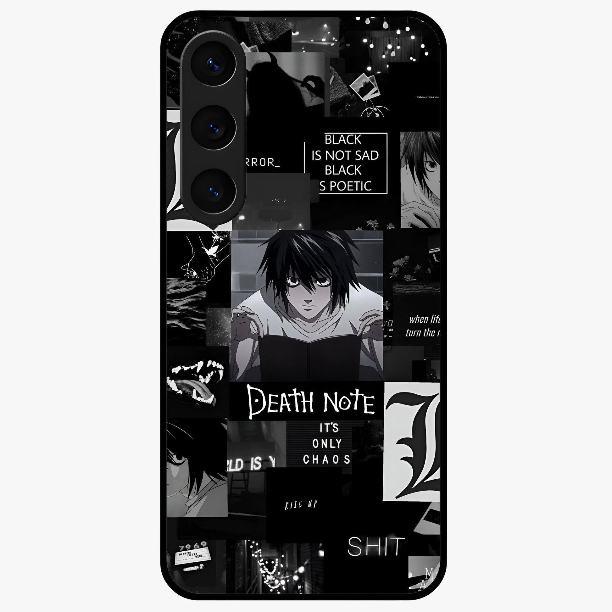 Midnight Chaos Mind Glass Case showing flat back view with abstract dark themed artwork and glossy glass finish.
