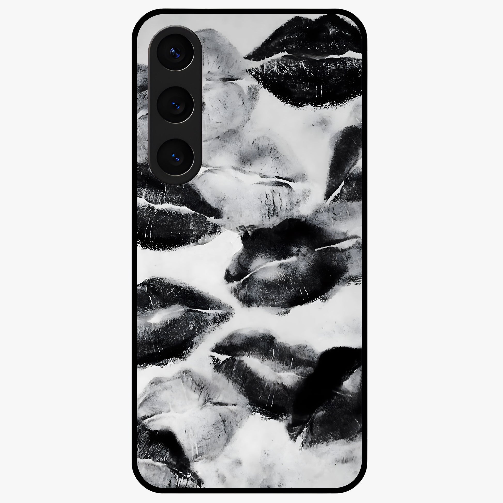 Midnight Kiss Marks Glass Case showing flat back view with lipstick kiss mark artwork and glossy glass finish.