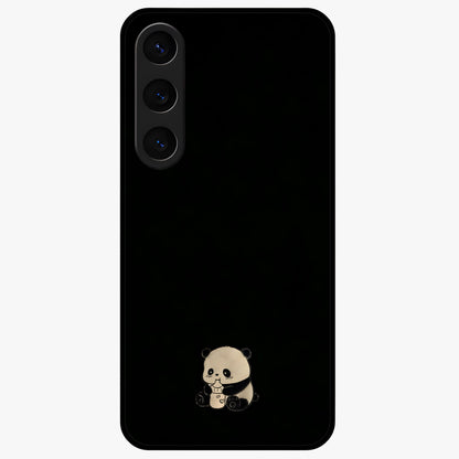 Midnight Panda Love Glass Case showing flat back view with cute panda themed artwork and glossy glass finish.