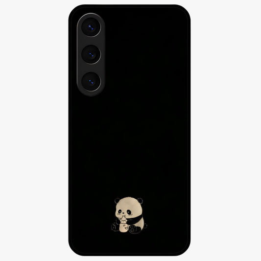 Midnight Panda Love Glass Case showing flat back view with cute panda themed artwork and glossy glass finish.