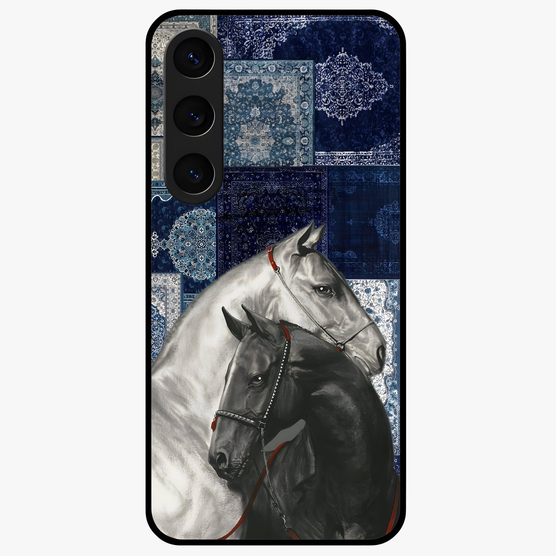 Midnight Stallion Blues Glass Case showing flat back view with majestic horse artwork and glossy glass finish.