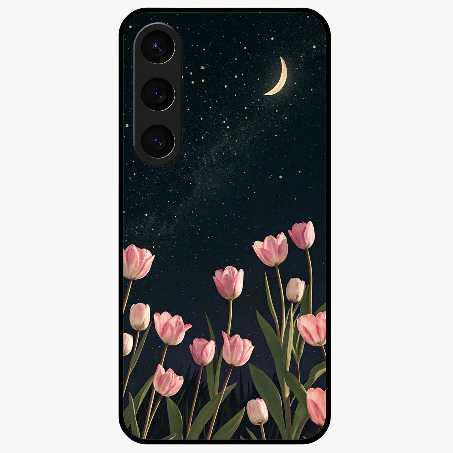 Midnight Tulip Whispers Vibe Glass Case showing flat back view with elegant tulip flower artwork and glossy glass finish.