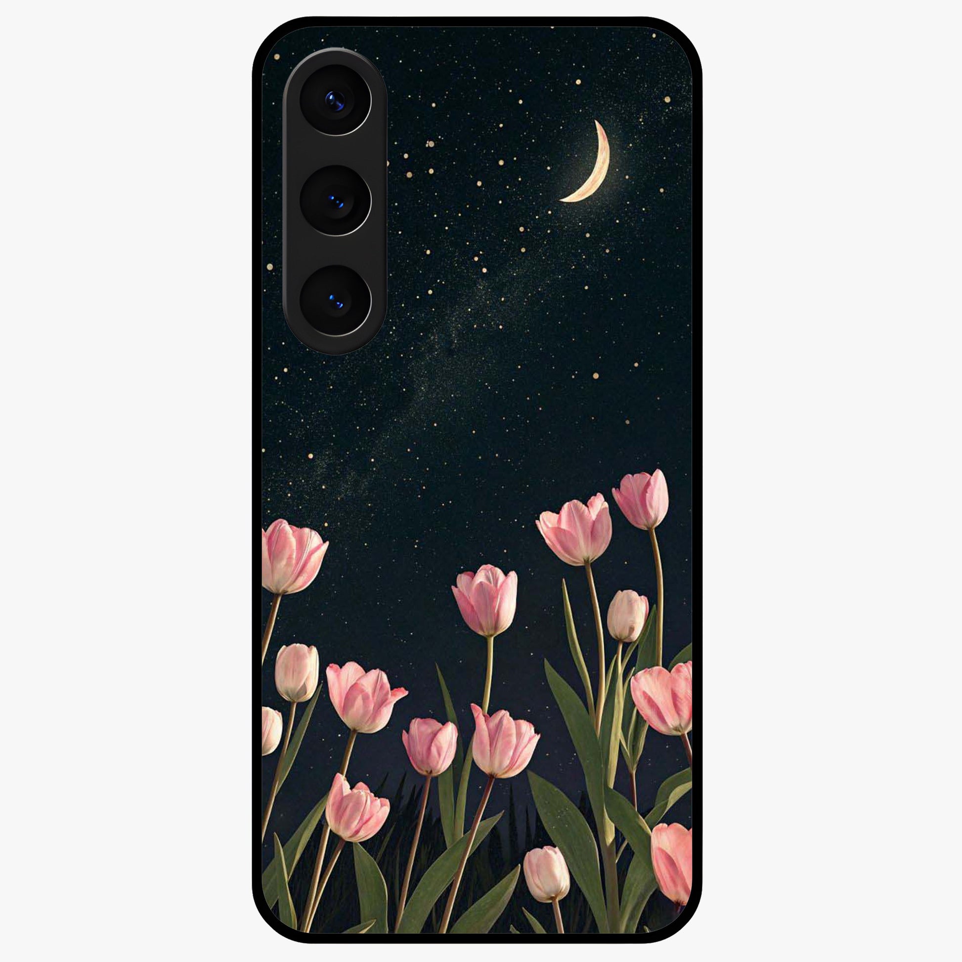 Midnight Tulip Whispers Vibe Glass Case showing flat back view with elegant tulip flower artwork and glossy glass finish.