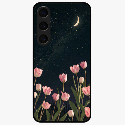 Midnight Tulip Whispers Vibe Glass Case showing flat back view with elegant tulip flower artwork and glossy glass finish.