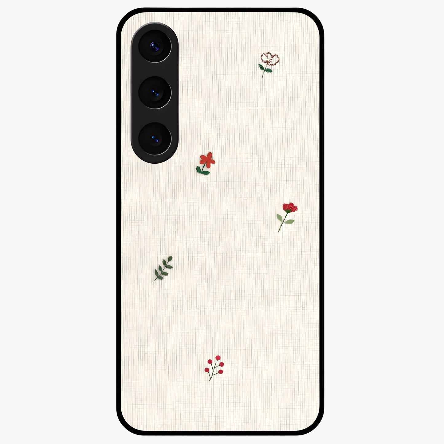 Minimal Petal Whispers Glass Case showing flat back view with soft minimal floral artwork and glossy glass finish.