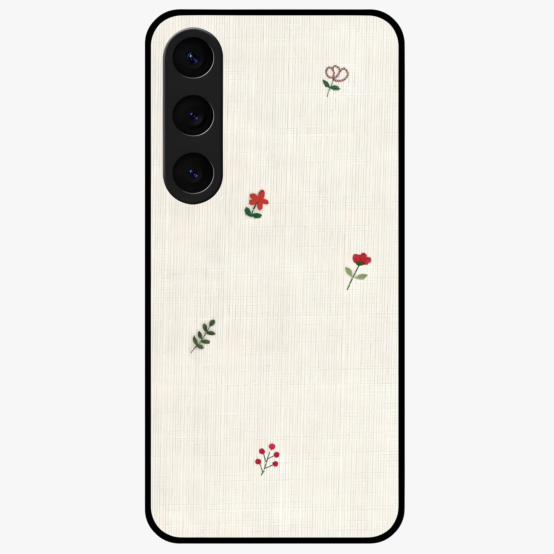 Minimal Petal Whispers Glass Case showing flat back view with soft minimal floral artwork and glossy glass finish.