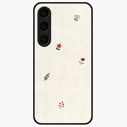 Minimal Petal Whispers Glass Case showing flat back view with soft minimal floral artwork and glossy glass finish.