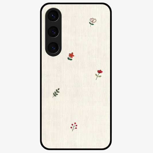 Minimal Petal Whispers Glass Case showing flat back view with soft minimal floral artwork and glossy glass finish.
