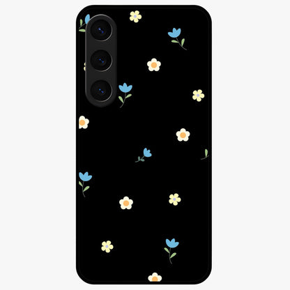 Minimalistic Blue With White Flower Pattern Glass Case showing flat back view with blue background and white flower pattern and glossy glass finish.