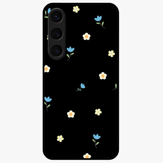 Minimalistic Blue With White Flower Pattern Glass Case showing flat back view with blue background and white flower pattern and glossy glass finish.