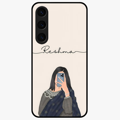 Mirror Mood Muse With Custom Name Glass Case showing flat back view with stylish mirrored artwork and personalized name design.