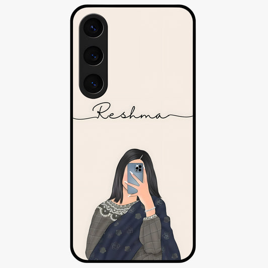 Mirror Mood Muse With Custom Name Glass Case showing flat back view with stylish mirrored artwork and personalized name design.