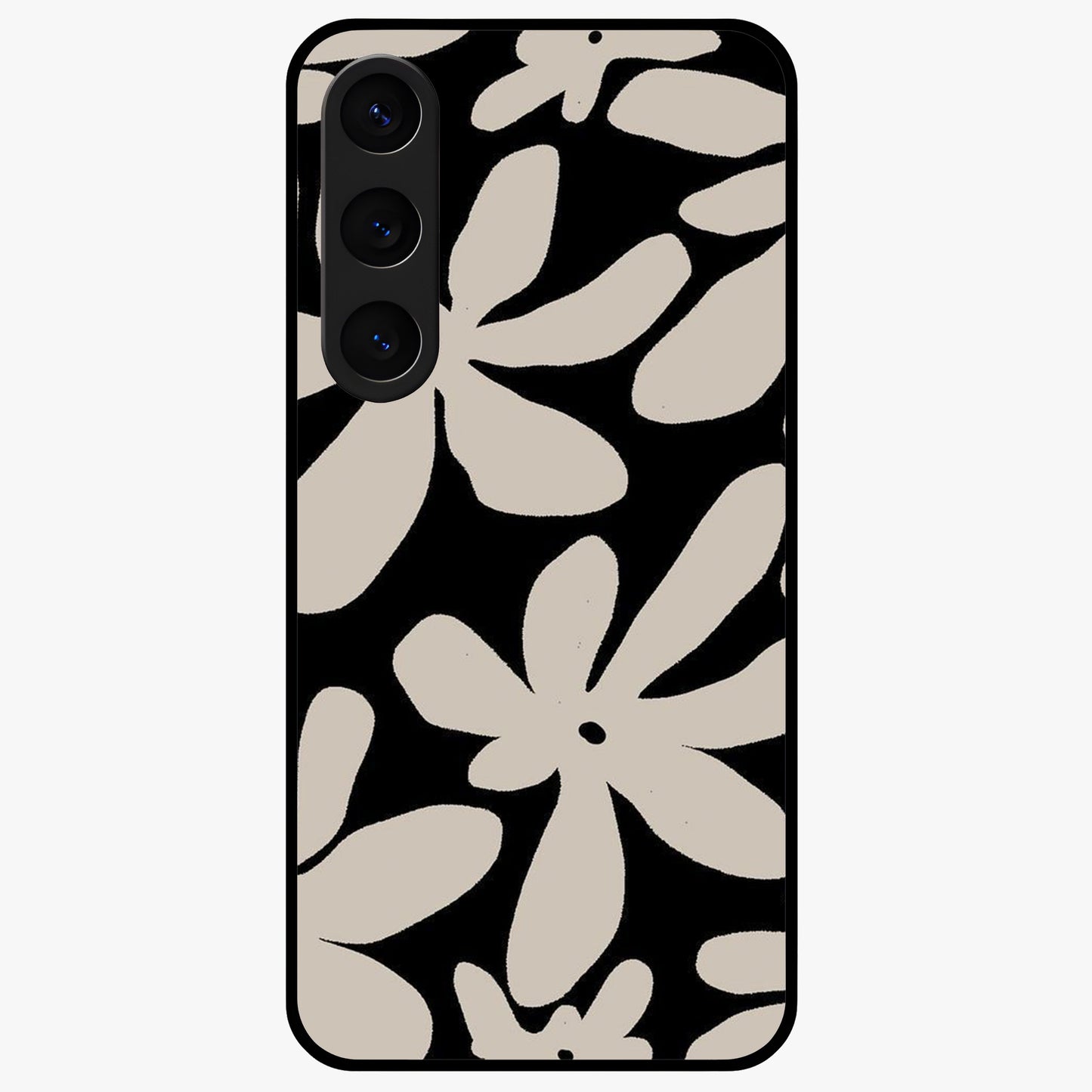 Monochrome Petal Dance Glass Case showing flat back view with monochrome floral artwork and glossy glass finish.