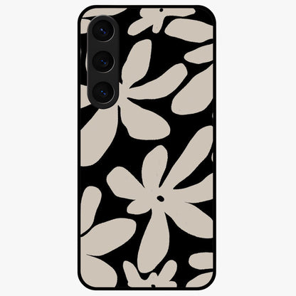 Monochrome Petal Dance Glass Case showing flat back view with monochrome floral artwork and glossy glass finish.