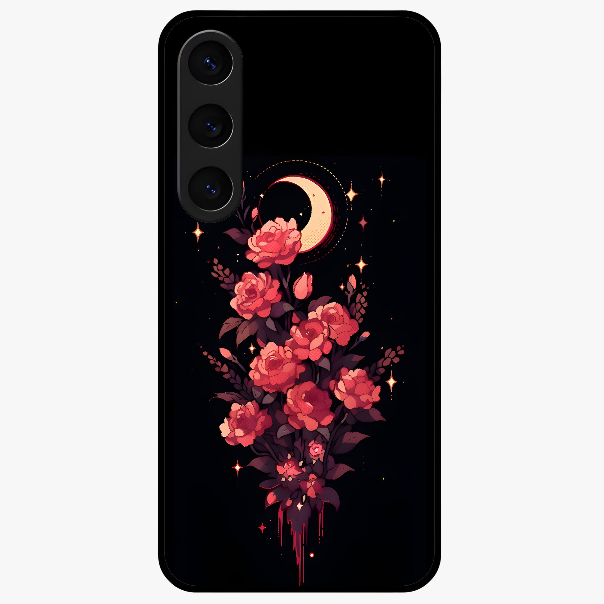 Moonlit Floral Elegance Glass Case showing flat back view with elegant floral artwork under moonlit tones and glossy glass finish.