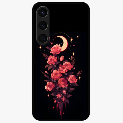 Moonlit Floral Elegance Glass Case showing flat back view with elegant floral artwork under moonlit tones and glossy glass finish.