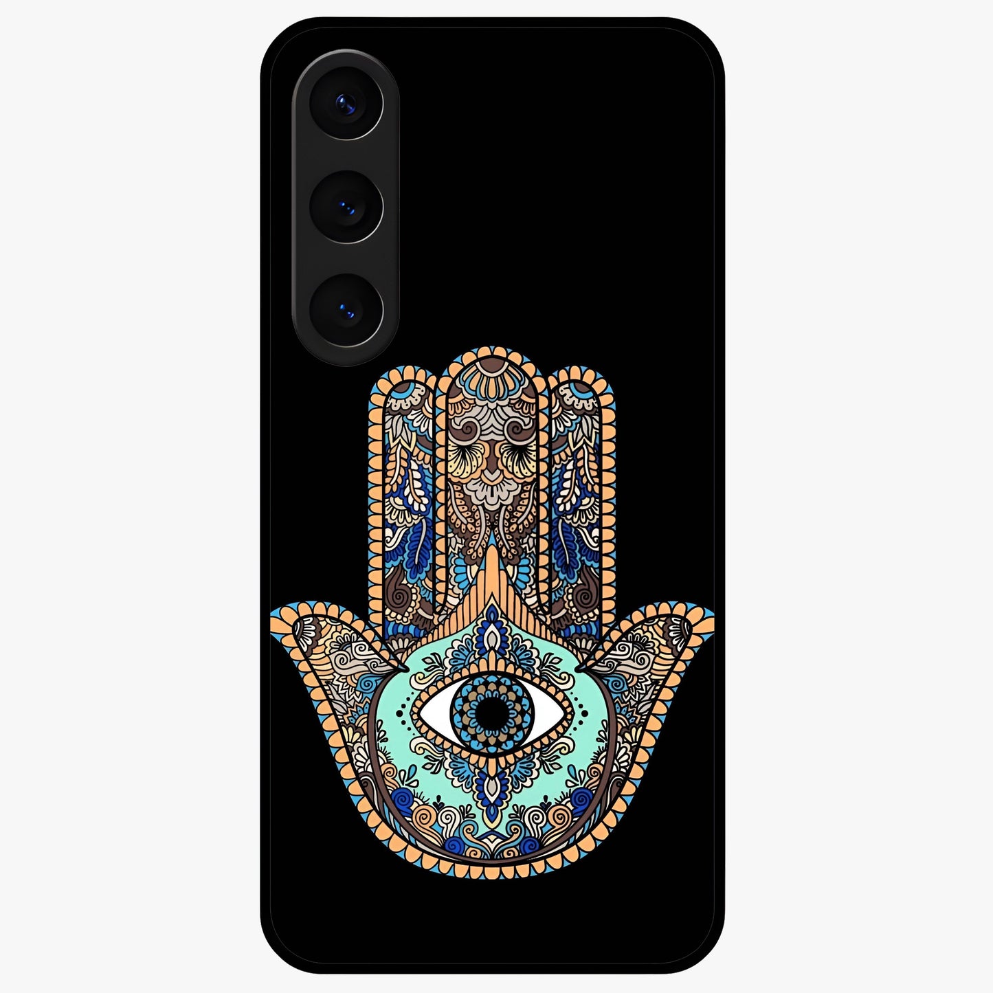 Mystic Hamsa Eye Glass Case showing flat back view with protective hamsa hand and evil eye artwork and glossy glass finish.
