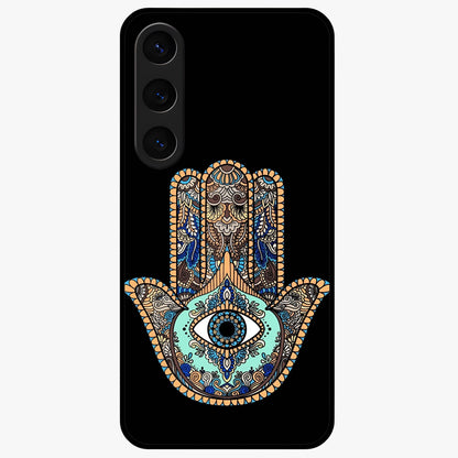 Mystic Hamsa Eye Glass Case showing flat back view with protective hamsa hand and evil eye artwork and glossy glass finish.