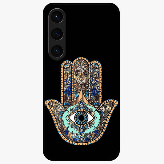 Mystic Hamsa Eye Glass Case showing flat back view with protective hamsa hand and evil eye artwork and glossy glass finish.