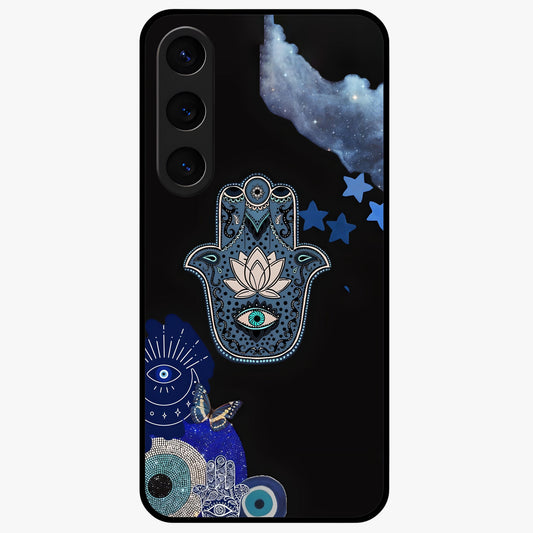Mystic Hand Aura Glass Case showing flat back view with mystical hand symbol artwork and glossy glass finish.