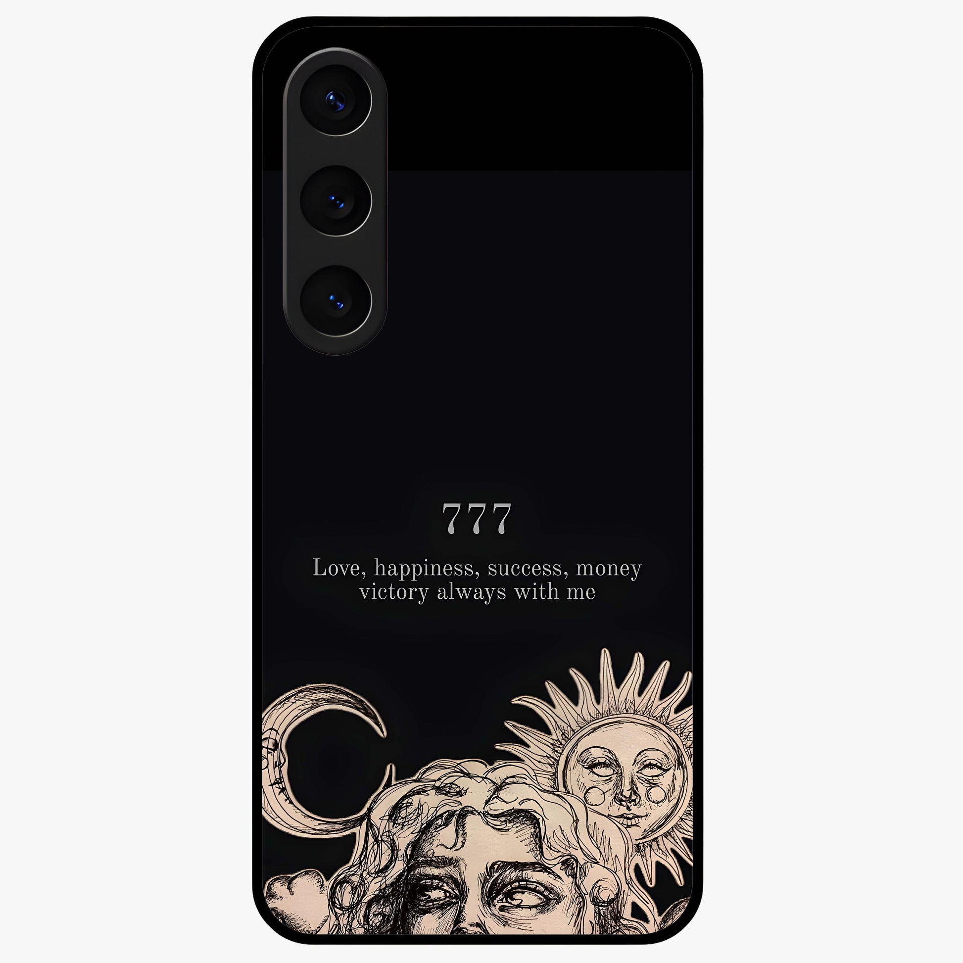 Mystic Victory Aura Glass Case showing flat back view with victory symbol artwork and glossy glass finish.