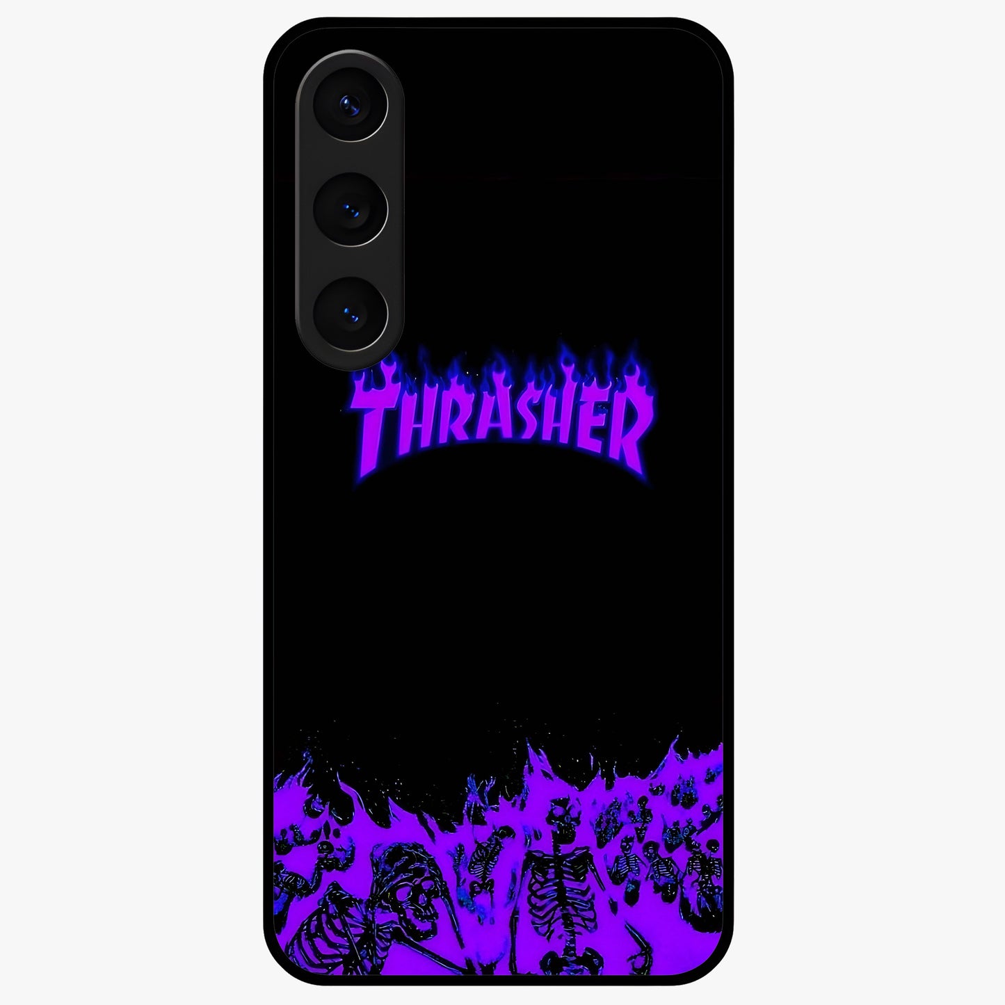 Neon Flame Riot Glass Case showing flat back view with neon flame artwork and glossy glass finish.