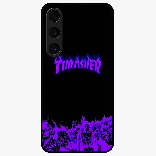 Neon Flame Riot Glass Case showing flat back view with neon flame artwork and glossy glass finish.