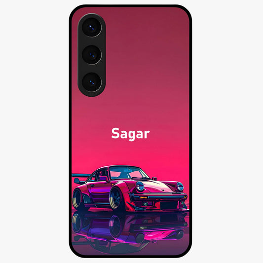 Neon Pink Porsche Glass Case showing flat back view with stylish sports car artwork and glossy glass finish.