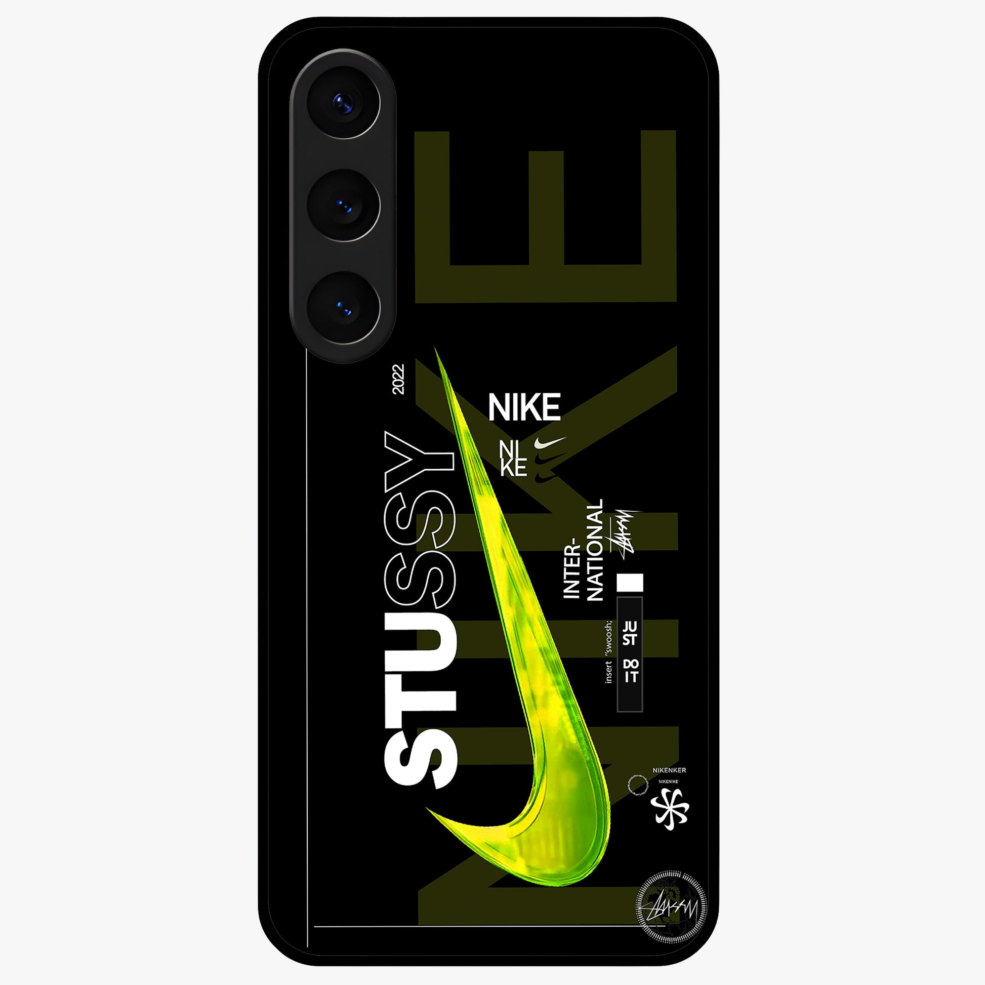 Neon Street Edition Glass Case showing flat back view with neon street style artwork and glossy glass finish.