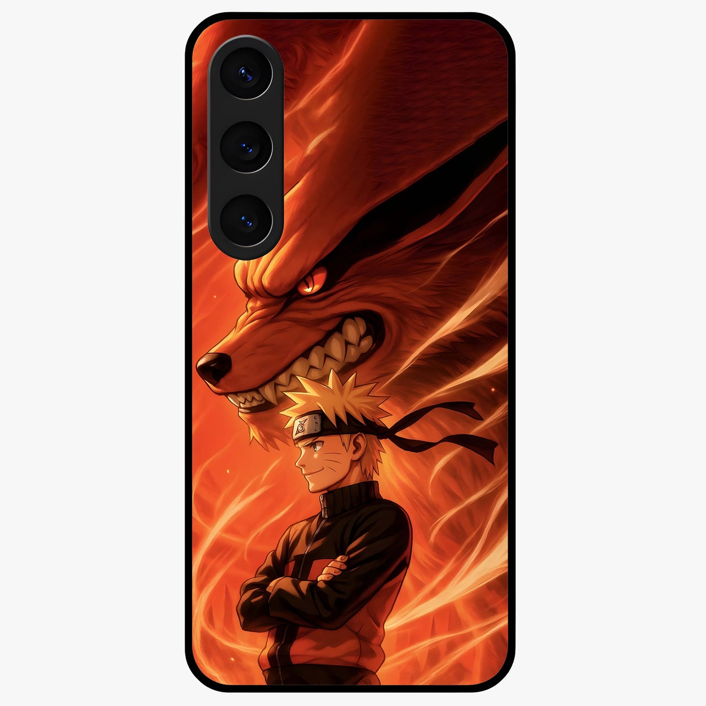 Nine Tails Legacy Glass Case showing flat back view with powerful nine-tailed fox inspired artwork and glossy glass finish.