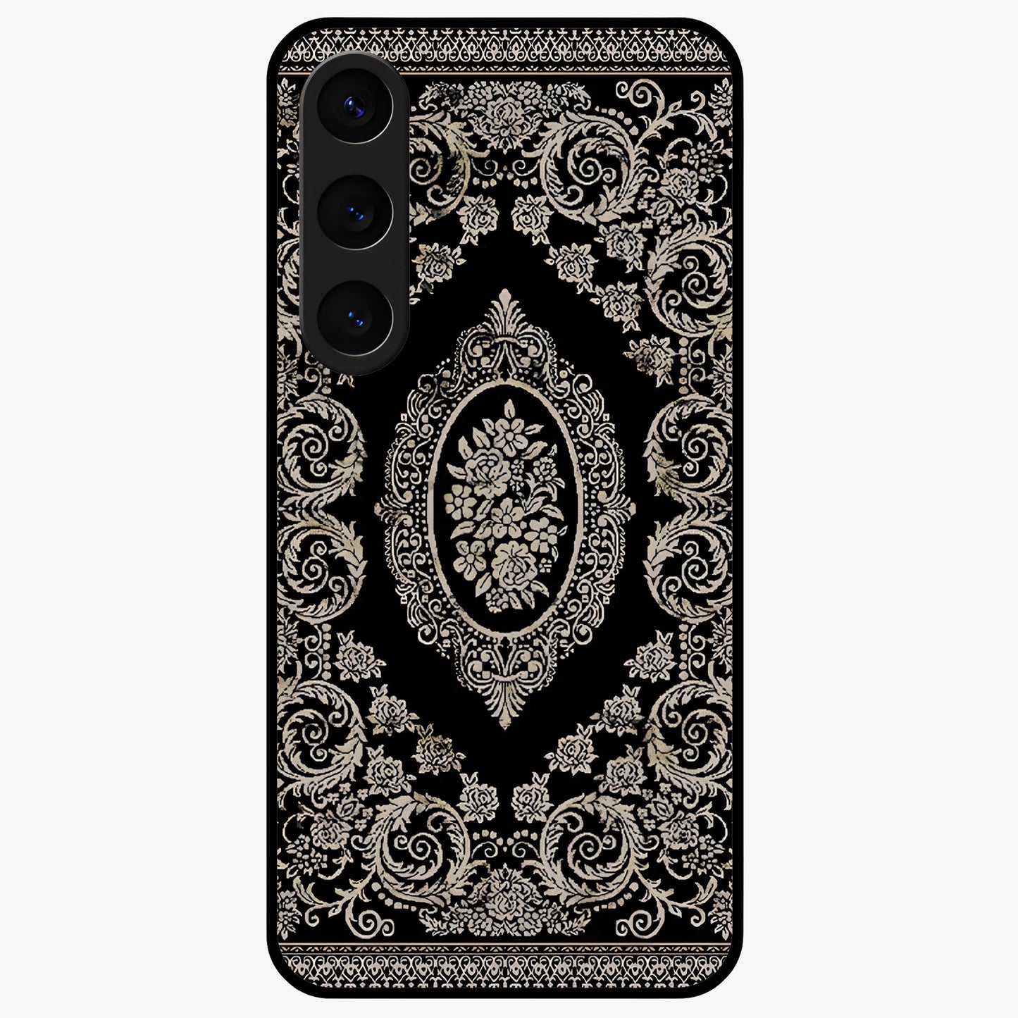 Noir Bloom Elegance Glass Case showing flat back view with elegant dark floral artwork and glossy glass finish.