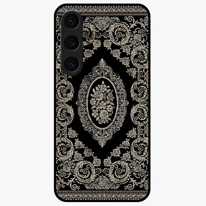 Noir Bloom Elegance Glass Case showing flat back view with elegant dark floral artwork and glossy glass finish.