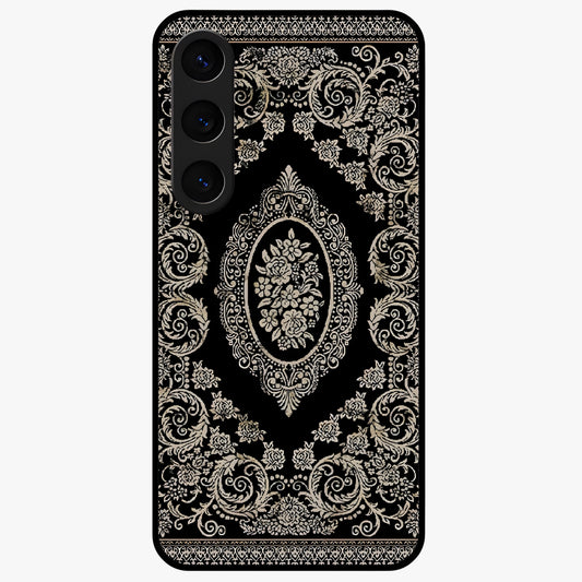 Noir Bloom Elegance Glass Case showing flat back view with elegant dark floral artwork and glossy glass finish.