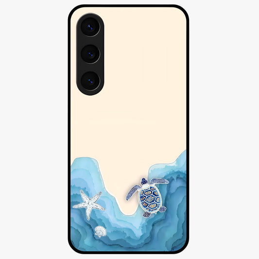 Ocean Drift Turtle Glass Case showing flat back view with sea turtle artwork and glossy glass finish.